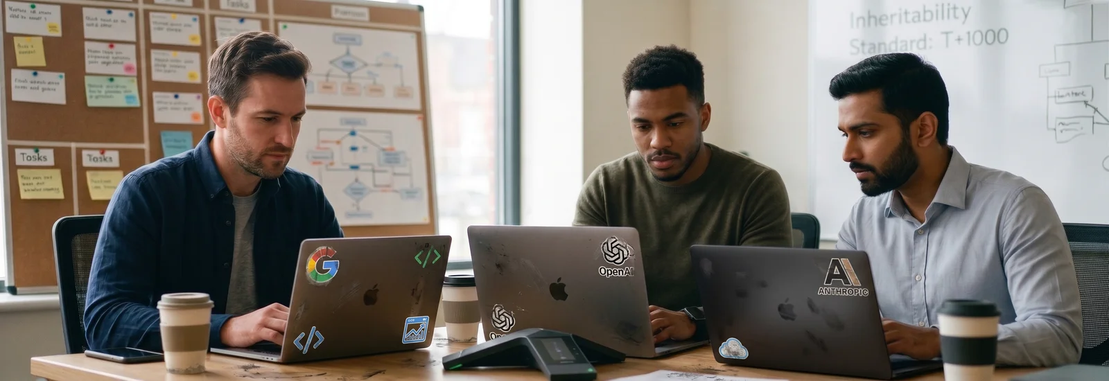 Rocket engineers working side by side at laptops in a client planning room, a whiteboard behind them reading Inheritability Standard: T+1000