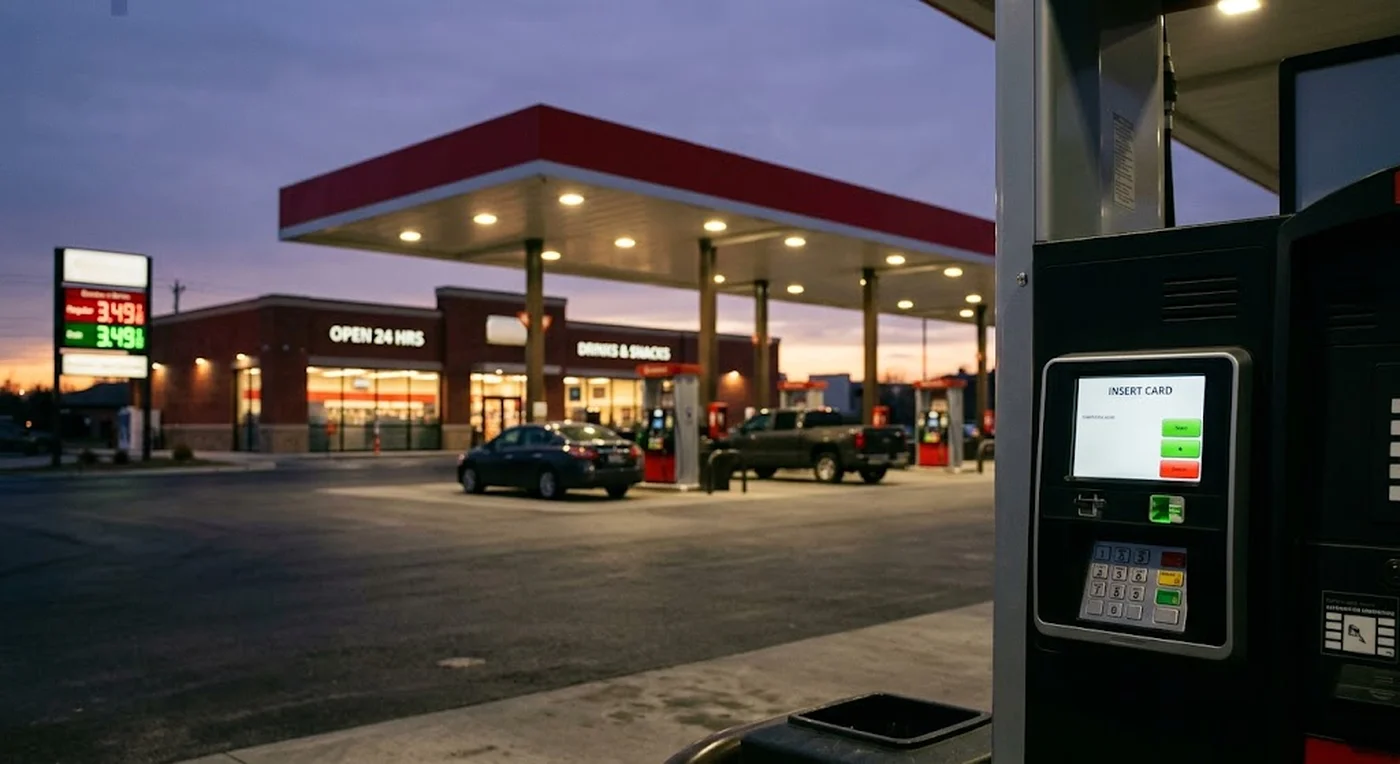 A fuel station forecourt at dusk, pump payment terminal in the foreground, canopy lights on