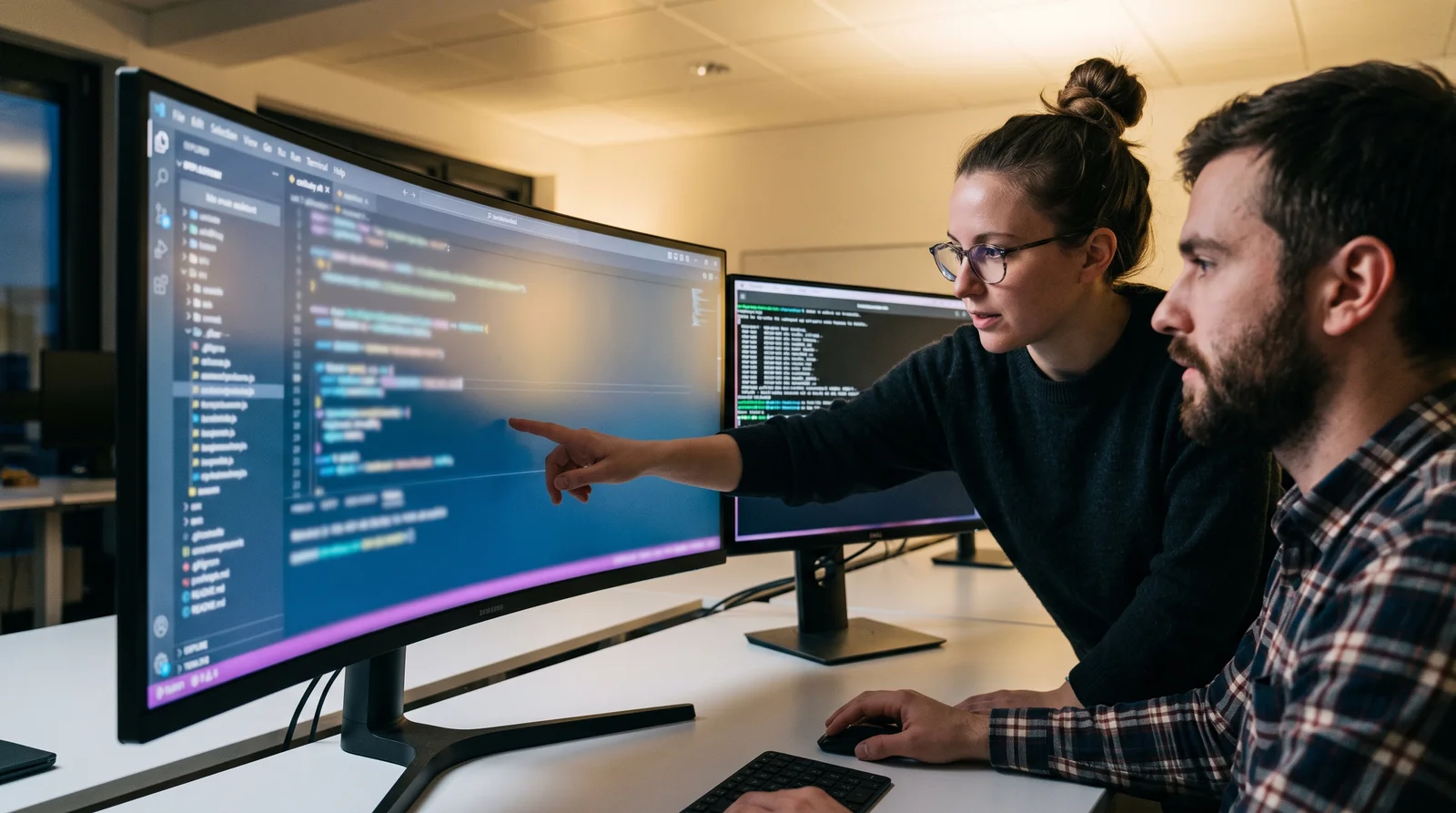 Two engineers reviewing code together at an ultrawide monitor