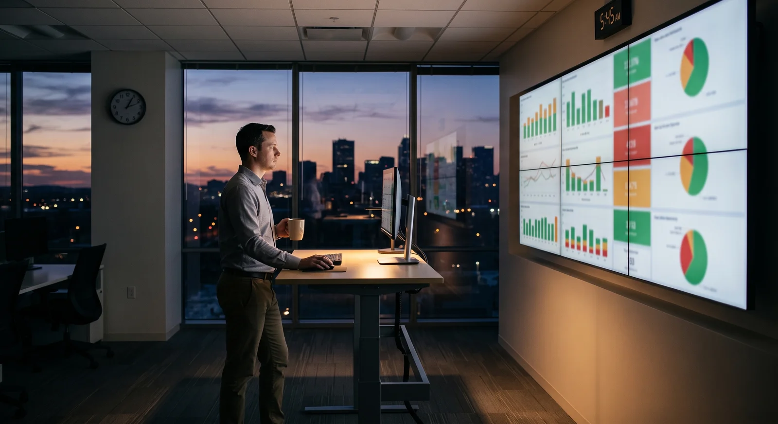 An analyst at a standing desk reviewing a wall of dashboards at dawn