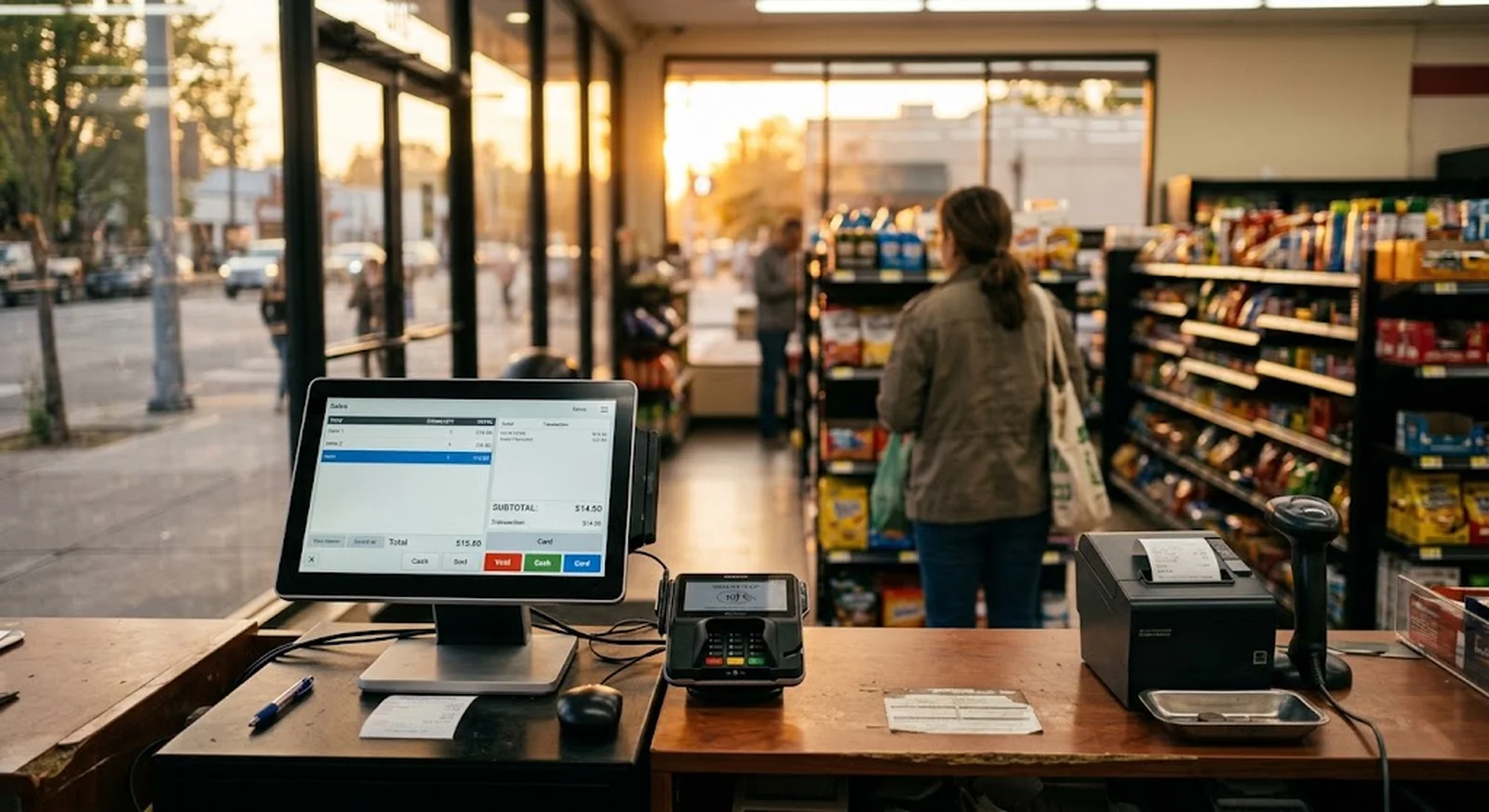 A convenience store checkout seen from the operator's side of the counter, POS and payment terminal in the foreground